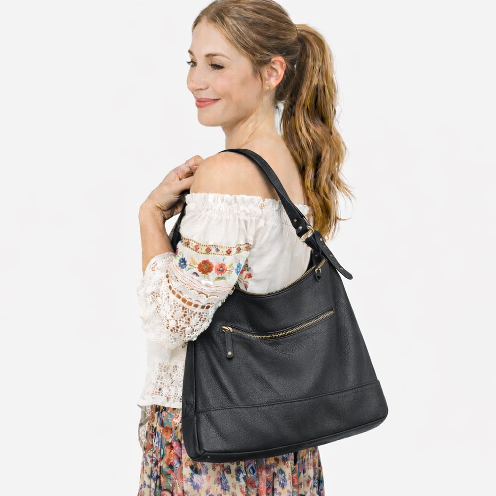 Black Leather Shoulder Hobo slouchy purse handbag tote bag boho western festival